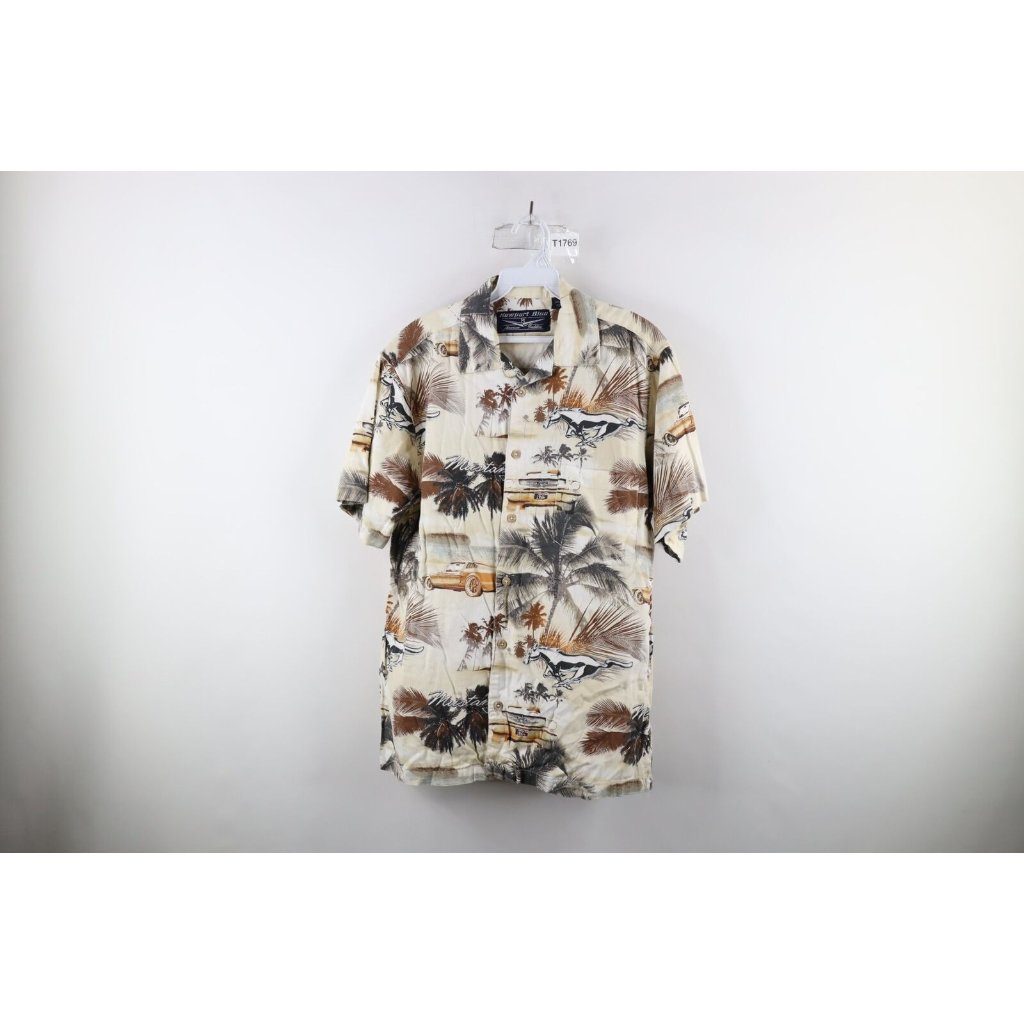 Vintage Mens Medium Ford Mustang All Over Print Hawaiian Casino Button Shirt
